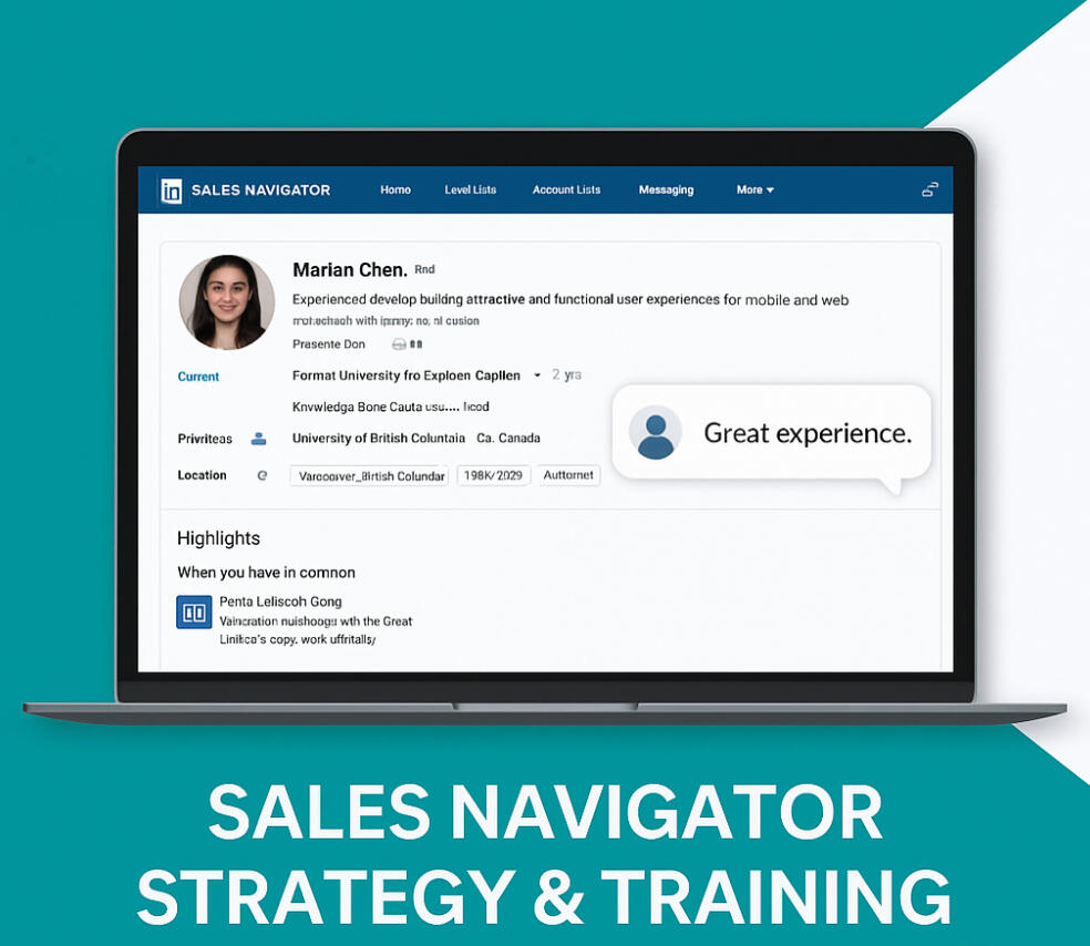 Sales Navigator Training for B2B Sales & Marketing Teams Digital graphic showing LinkedIn Sales Navigator dashboard with messaging panel and insights, representing strategy training for sales teams.